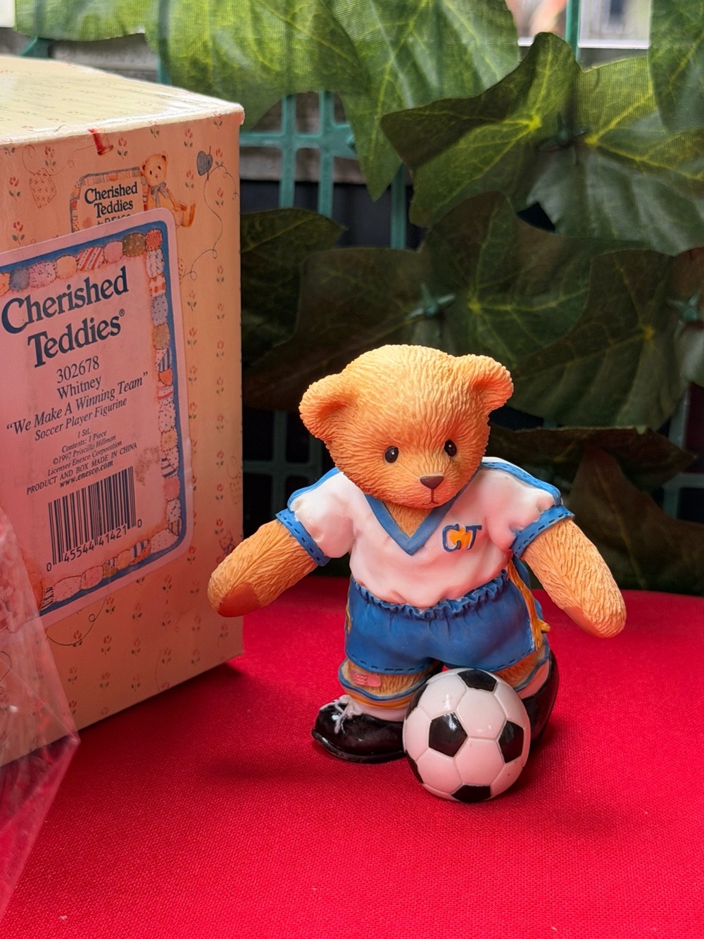 Cherished Teddies Orange Bear in Blue & White Soccer Uniform Figurine